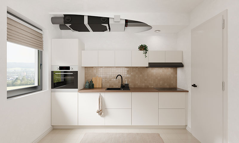 Helios KWL 140 dezent integriert in Küchenzeile