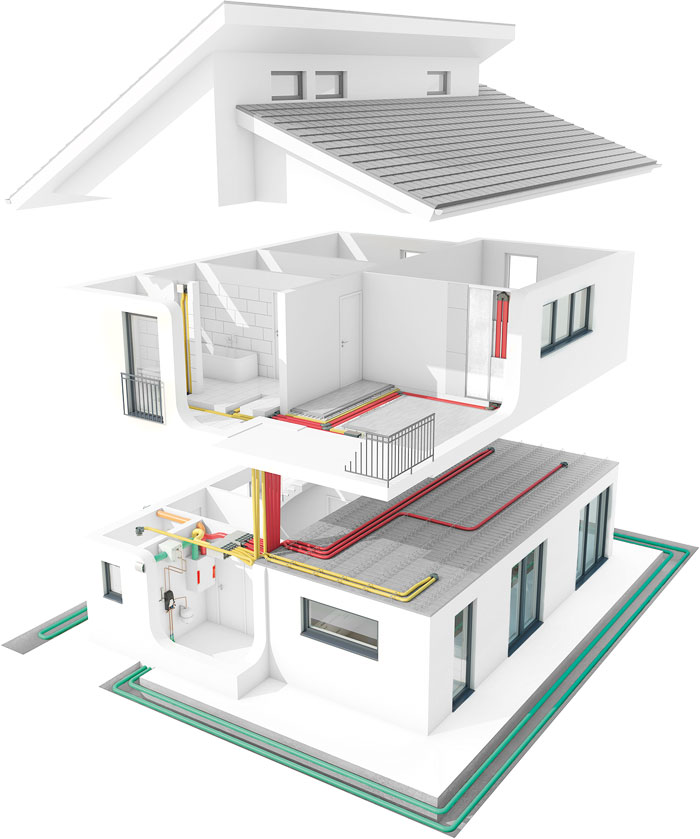 Explosionszeichnung eines Einfamilienhauses mit integrierter KWL Anlage