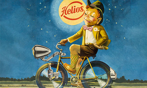 Helios Maskottchen Helio auf dem Fahrrad mit altem Helio Logo